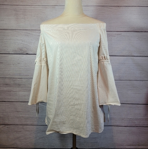 𝅺CHELSEA 28 Striped Off The Shoulder Poplin Top Size X-Small - Picture 2 of 7